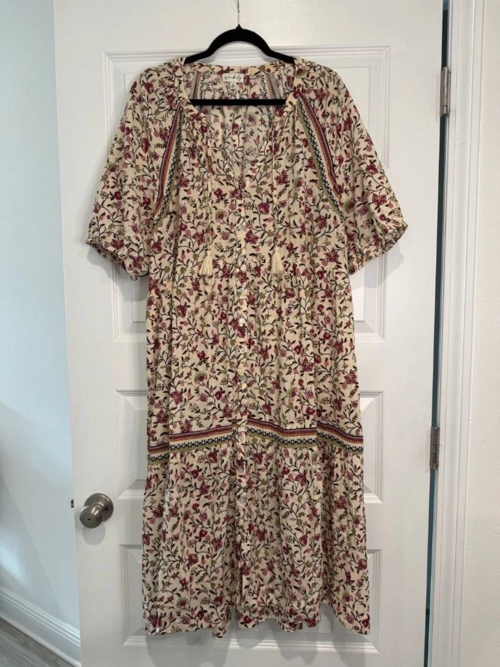 2X Wonderly Women's Cream Floral Print Short Sleeve Maxi Dress